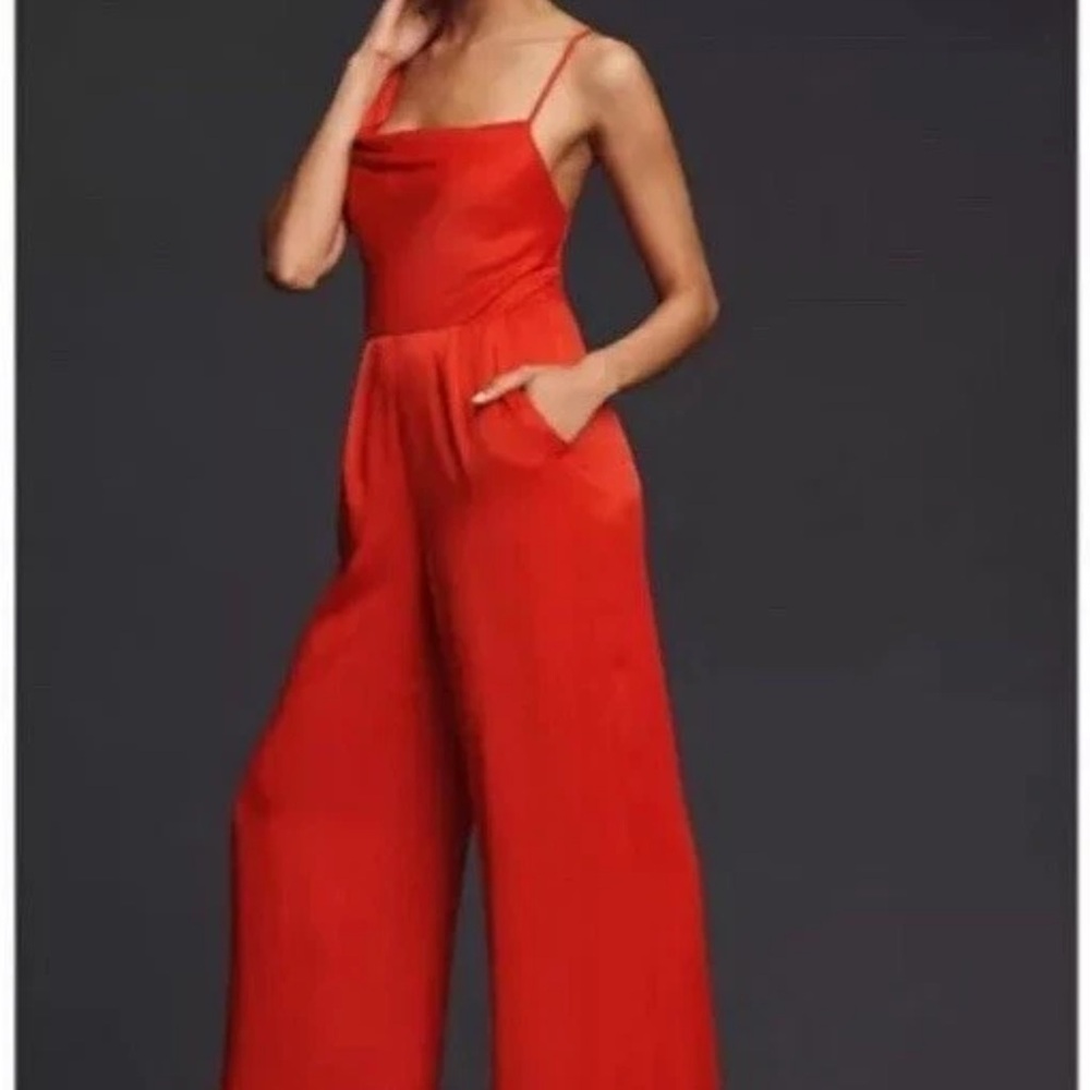 NWT Anthropologie Cowl Neck Jumpsuit Red Wide Leg Strappy Open Back Satin Size 4